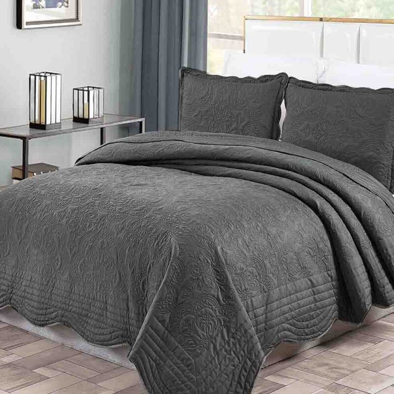 BRAND NEW DARK GREY LUXURY 3 PIECE QUILTED BEDSPREAD WITH SCALLOPED EDGE