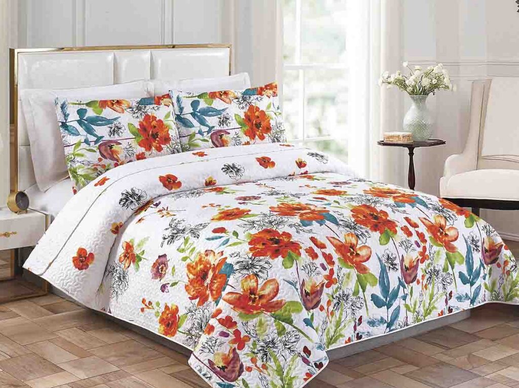 BRAND NEW LUXURY 3 PIECE QUILTED BEDSPREAD FLORAL PRINT