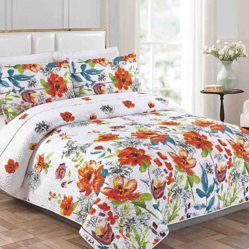 Queen size Cotton Bedspread with Scalloped Edges and Floral Print Embroidery in White