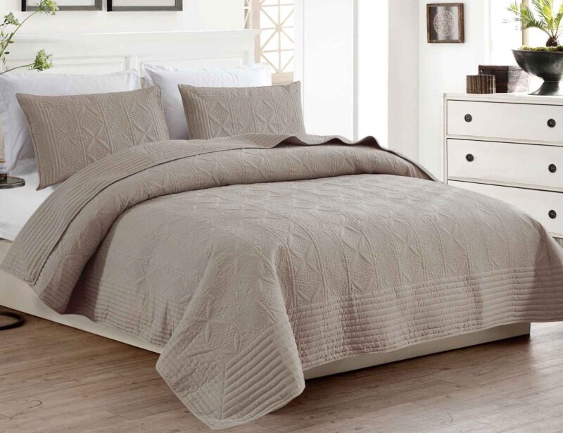 BRAND NEW TAUPE LUXURY 3 PIECE QUILTED BEDSPREAD WITH WIDE BORDER #B12
