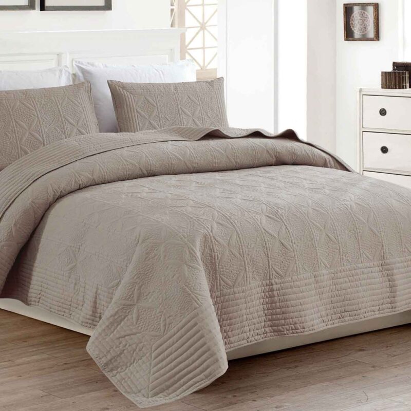 BRAND NEW TAUPE LUXURY 3 PIECE QUILTED BEDSPREAD WITH WIDE BORDER #B12