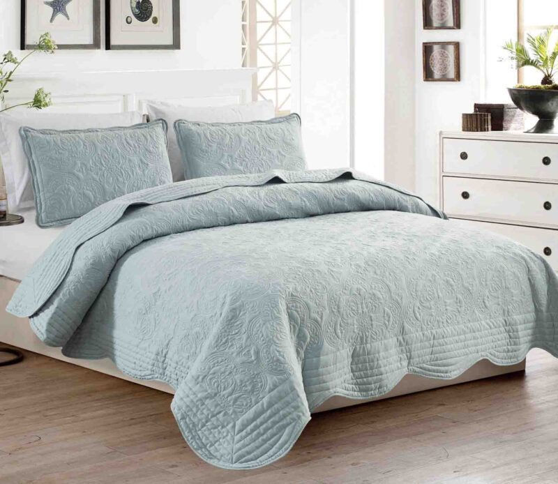 BRAND NEW PALE BLUE LUXURY 3 PIECE QUILTED BEDSPREAD SCALLOPED EDGE #B13