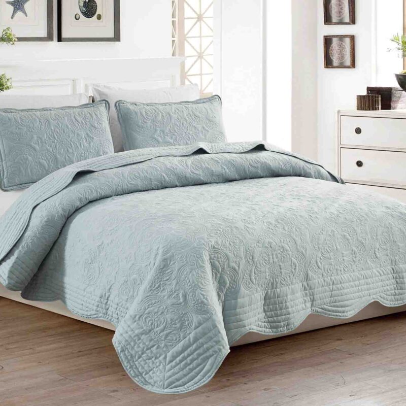 BRAND NEW PALE BLUE LUXURY 3 PIECE QUILTED BEDSPREAD SCALLOPED EDGE #B13