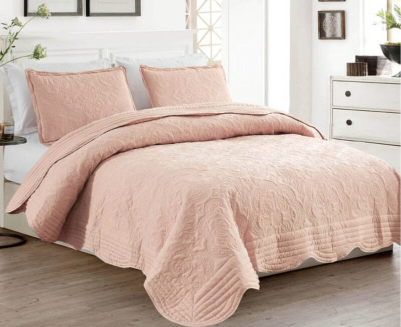 BRAND NEW DUSTY PINK/PEACH LUXURY 3 PIECE QUILTED BEDSPREAD SCALLOPED EDGE #B15