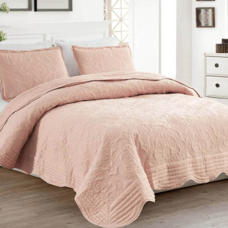 BRAND NEW DUSTY PINK/PEACH LUXURY 3 PIECE QUILTED BEDSPREAD SCALLOPED EDGE #B15
