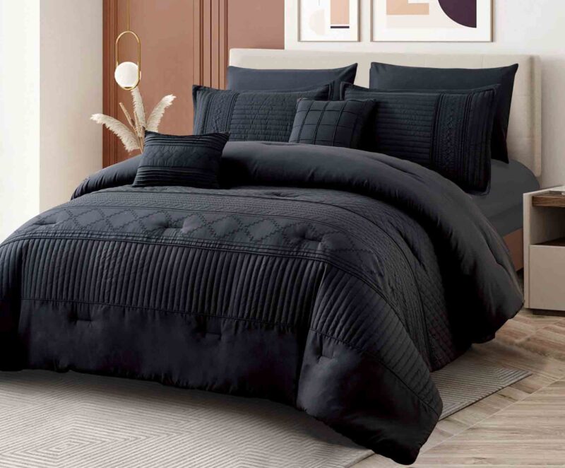 BRAND NEW 7p LIVEINSTYLE OVERSIZED EMBROIDERED COMFORTER set  #8 BLACK