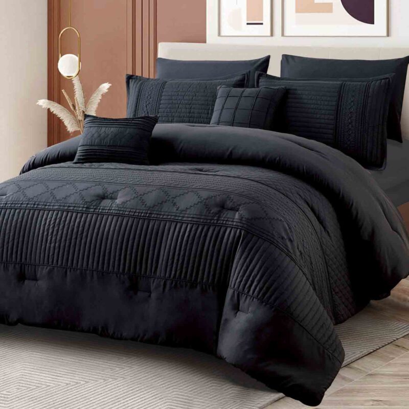 BRAND NEW 7p LIVEINSTYLE OVERSIZED EMBROIDERED COMFORTER set  #8 BLACK